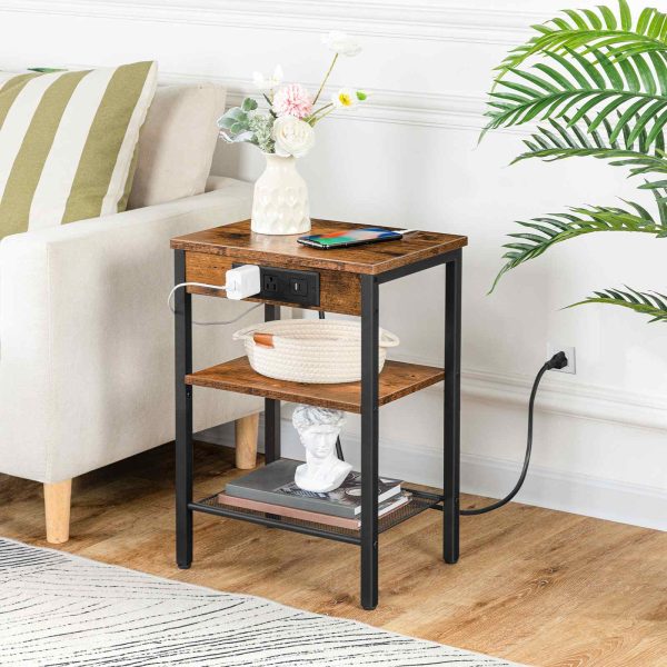 Rustic Brown 3-Tier Narrow Side Table with Charging Station, Multifunctional Nightstand with Adjustable Shelves, Suitable for Small Spaces in Living Room, Spálňa a balkón