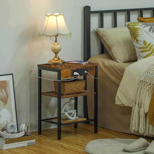 Rustic Brown 3-Tier Narrow Side Table with Charging Station, Multifunctional Nightstand with Adjustable Shelves, Suitable for Small Spaces in Living Room, Spálňa a balkón
