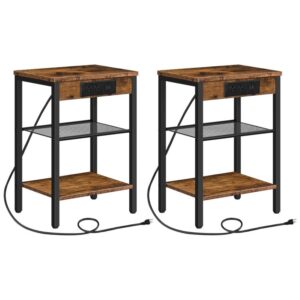 End Table Set of 2 with Charging Station and USB Ports, 3-Tier Nightstands with Adjustable Shelf, Narrow Side Table for Small Space in Living Room, Bedroom and Balcony, Rustic Brown