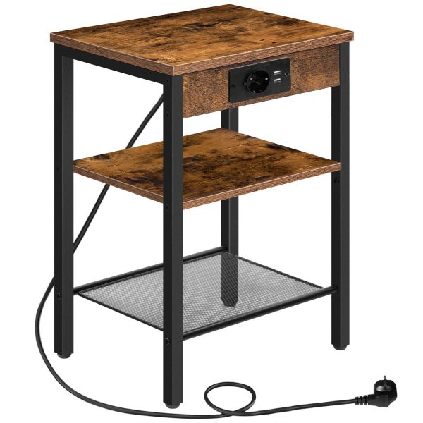 3-Etagen-Beistelltisch mit Ladestation und USB-Anschlüssen, Schmaler Nachttisch mit verstellbarer Ablage, Geeignet für Wohnzimmer, Vintage Brown