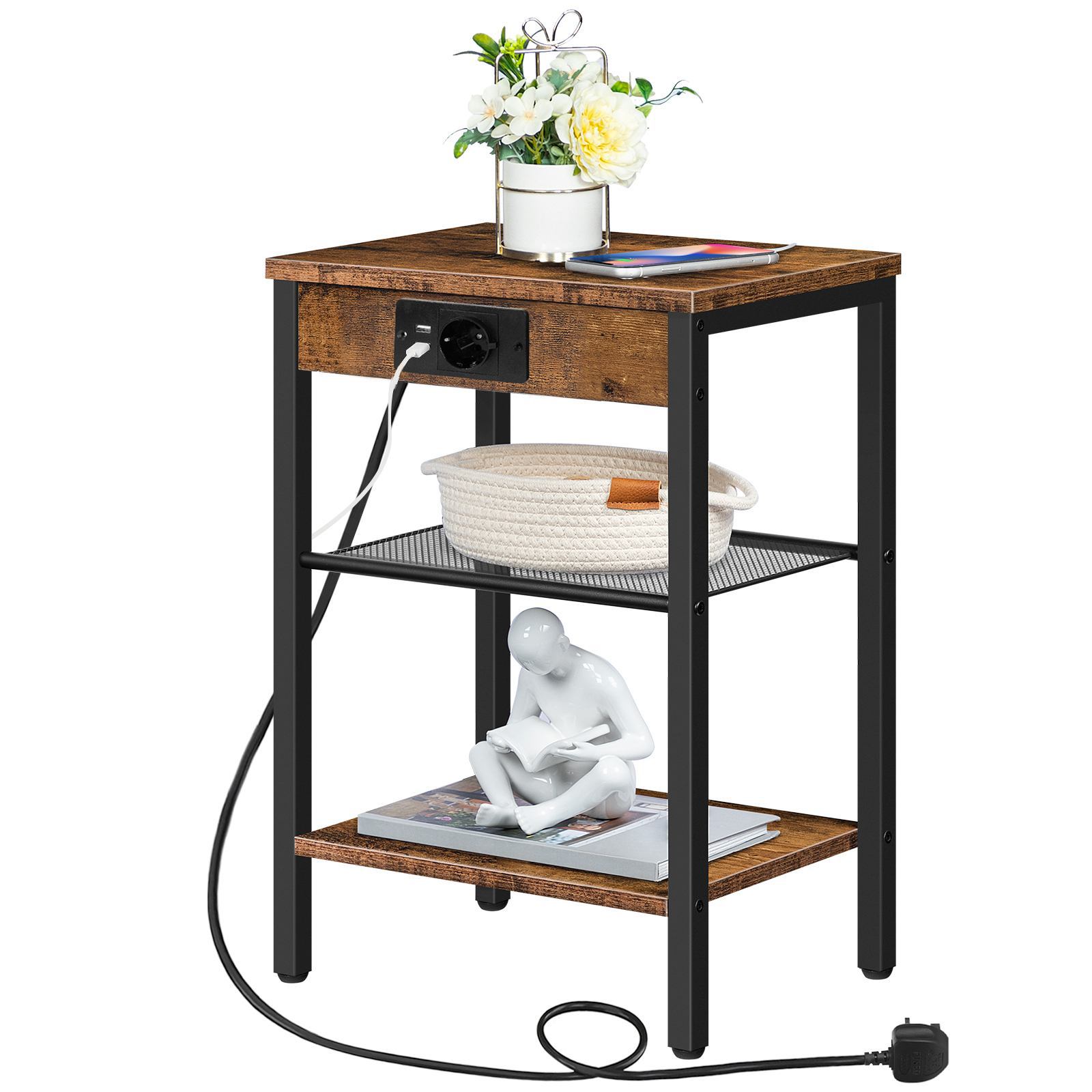 3-Tier Side Table with Charging Station and USB Ports, Adjustable Shelf Narrow Bedside Table, Nadaje się do salonu, Vintage Brown