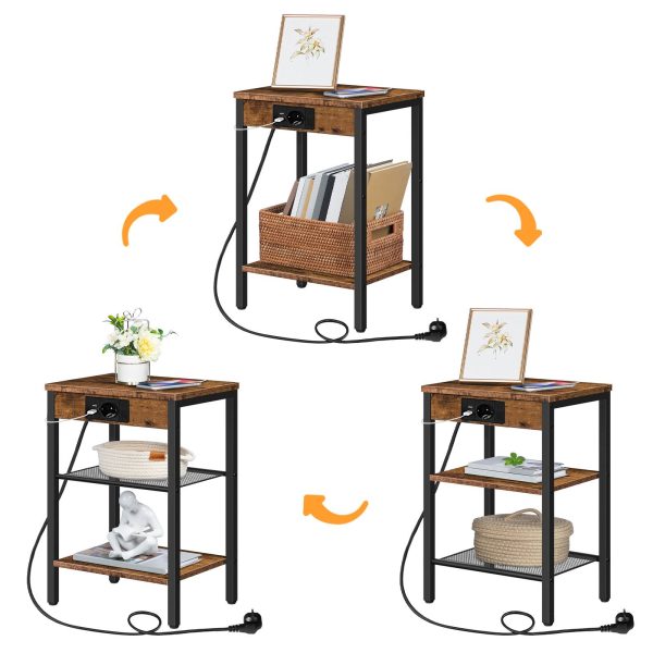 3-Etagen-Beistelltisch mit Ladestation und USB-Anschlüssen, Schmaler Nachttisch mit verstellbarer Ablage, Geeignet für Wohnzimmer, Vintage Brown