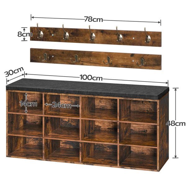 Shoe Storage Bench with Cushion, 100cm Entryway Bench with 12 Cubbies, Entryway Hall Tree with Storage, Shoe Cabinet with Coat Rack for Bedroom, Hallway