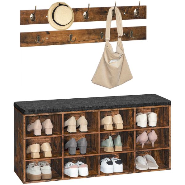 Shoe Storage Bench with Cushion, 100cm Entryway Bench with 12 Cubbies, Entryway Hall Tree with Storage, Shoe Cabinet with Coat Rack for Bedroom, Hallway