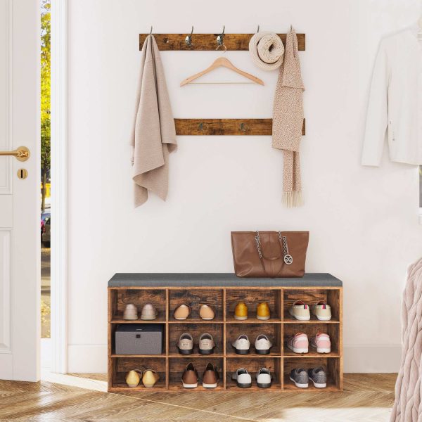 Shoe Storage Bench with Cushion, 100cm Entryway Bench with 12 Cubbies, Entryway Hall Tree with Storage, Shoe Cabinet with Coat Rack for Bedroom, Hallway