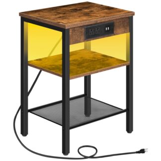 End Table with Charging Station and LED Lights, Small Side Table with Storage Shelves, 3-Tier LED Nightstand for Small Space in Living Room, Bedroom, Rustic Brown