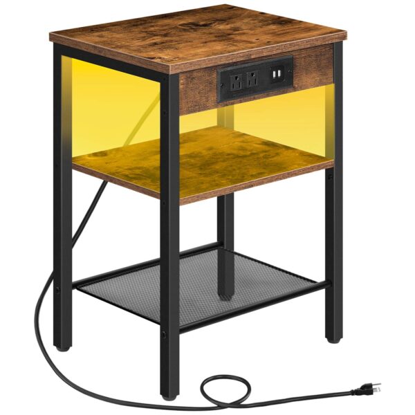End Table with Charging Station and LED Lights, Small Side Table with Storage Shelves, 3-Tier LED Nightstand for Small Space in Living Room, Bedroom, Rustic Brown