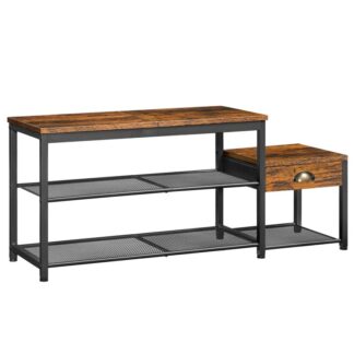 مقعد رف الأحذية مع الدرج, مقعد دخول الوالدين والطفل, منظم تخزين الأحذية مع مقعد, إطار معدني صناعي, للممر, بهو, ريفي البني والأسود