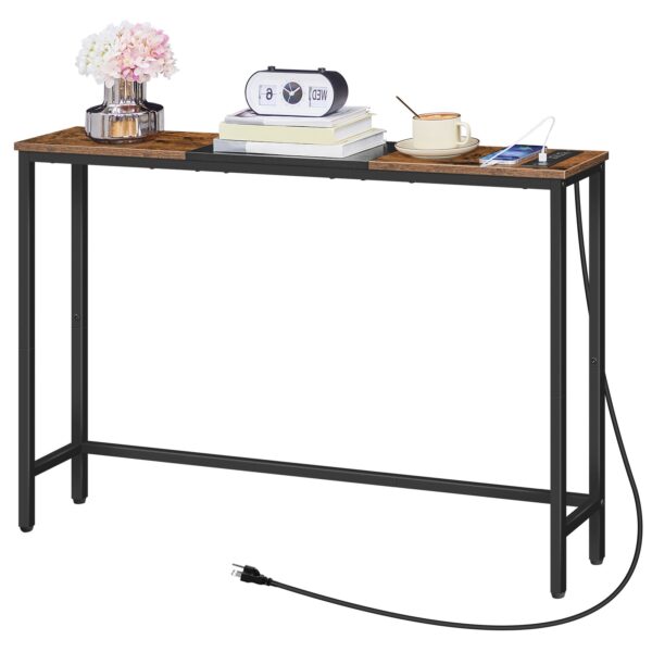 Úzky konzolový stolík s napájacími zásuvkami, 44.9-Palec pohovka, Štíhle za gaučovým stolom, Vchodová displejová polica, pre obývaciu izbu, Foyer, Predsieň, Rustikálna hnedá a čierna