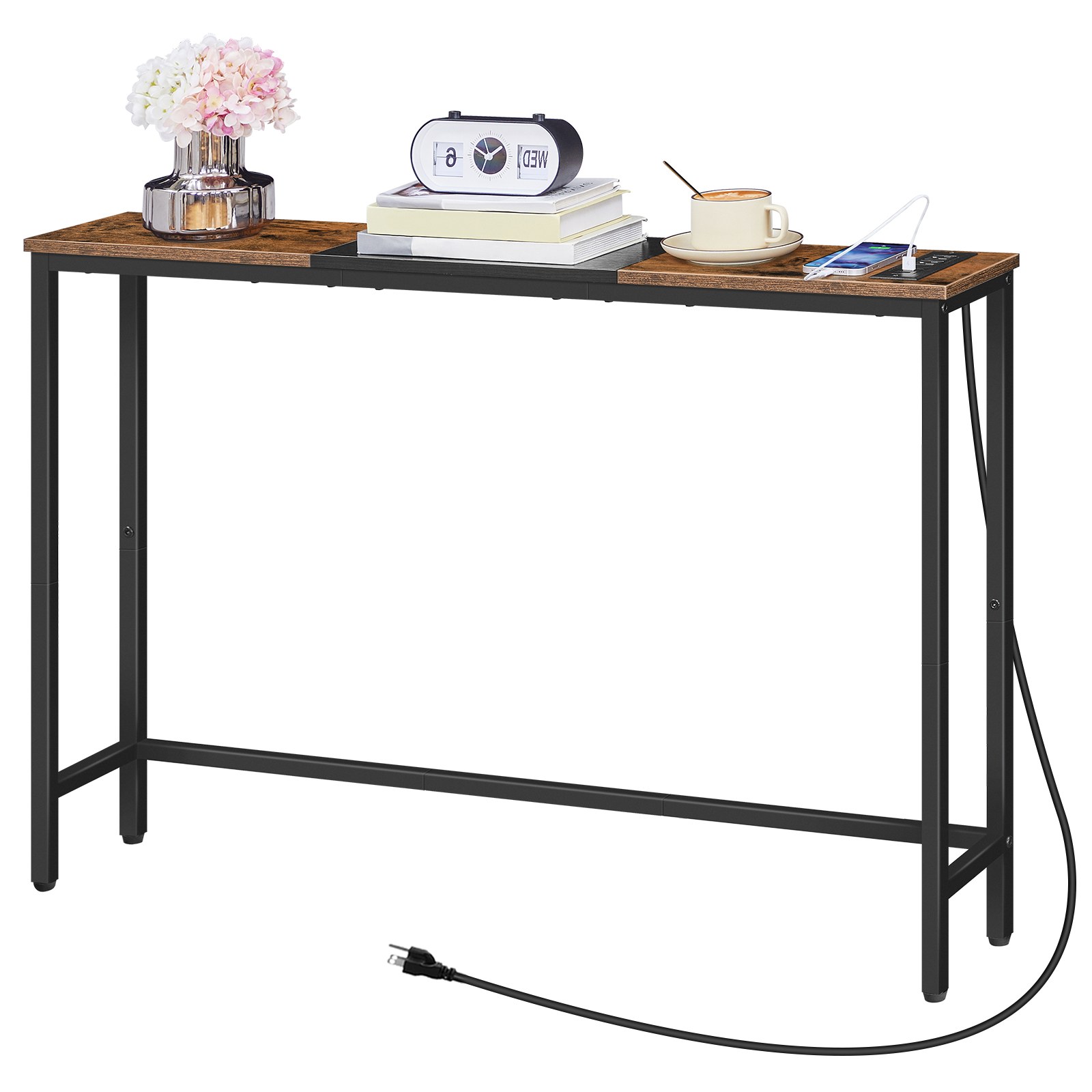 طاولة كونسول ضيقة مع منافذ طاقة, 44.9-طاولة أريكة بوصة, نحيف خلف طاولة الأريكة, رف عرض المدخل, لغرفة المعيشة, بهو, المدخل, ريفي البني والأسود