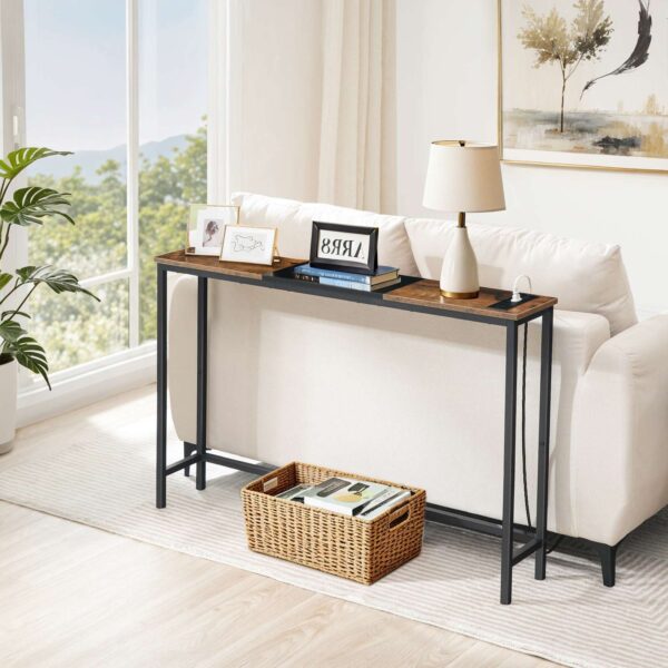 Úzky konzolový stolík s napájacími zásuvkami, 44.9-Palec pohovka, Štíhle za gaučovým stolom, Vchodová displejová polica, pre obývaciu izbu, Foyer, Predsieň, Rustikálna hnedá a čierna
