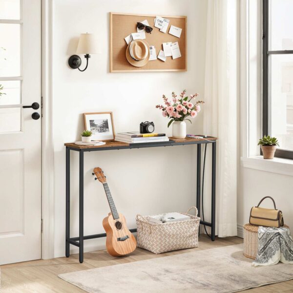 Úzky konzolový stolík s napájacími zásuvkami, 44.9-Palec pohovka, Štíhle za gaučovým stolom, Vchodová displejová polica, pre obývaciu izbu, Foyer, Predsieň, Rustikálna hnedá a čierna