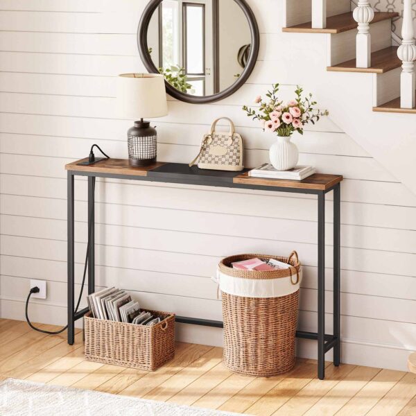 Úzky konzolový stolík s napájacími zásuvkami, 44.9-Palec pohovka, Štíhle za gaučovým stolom, Vchodová displejová polica, pre obývaciu izbu, Foyer, Predsieň, Rustikálna hnedá a čierna