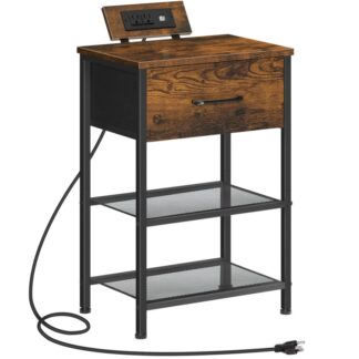 Comodino con stazione di caricabatteri, Tavolino con porte USB & Punti vendita, Comodino Slim con cassetto in tessuto per camera da letto, Rustico marrone e nero