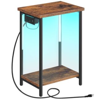 Sivupöytä latausasemalla ja LED -valolla, Päätypöytä 2-tason säilytyshyllyillä, Pieni yöjalka, pienille tiloille, Olohuone, Makuuhuone, Maalaismainen ruskea ja musta