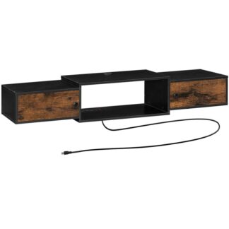 Floating TV Stand with Power Outlets 55", Modern Wall Mounted Media Console Shelf with Doors, Entertainment Center for Under TV Storage, for Living Room, Bedroom, Greige and Black