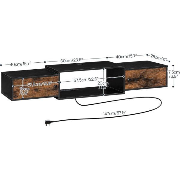 Aan de muur gemonteerde zwevende tv-standaard met stopcontact, Rustiek bruin & Zwarte mediaconsole-plankkast voor opslag onder de tv, Geschikt voor woonkamer en slaapkamer