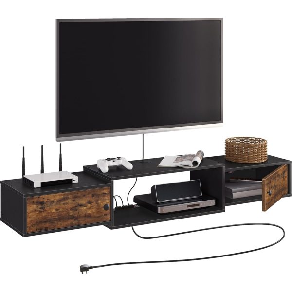 Aan de muur gemonteerde zwevende tv-standaard met stopcontact, Rustiek bruin & Zwarte mediaconsole-plankkast voor opslag onder de tv, Geschikt voor woonkamer en slaapkamer