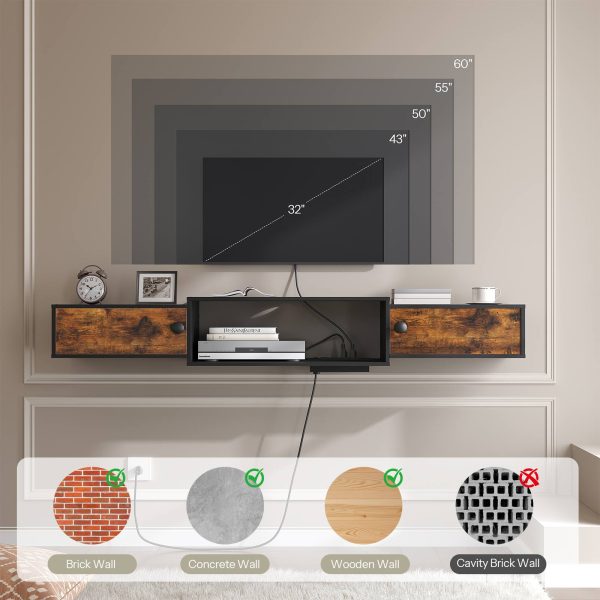 Aan de muur gemonteerde zwevende tv-standaard met stopcontact, Rustiek bruin & Zwarte mediaconsole-plankkast voor opslag onder de tv, Geschikt voor woonkamer en slaapkamer