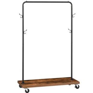 garment rack, rolling clothes rack with locking wheels, heavy duty clothing organizer, 4 hooks, wooden storage shelf, for hanging clothes, rustic brown and black