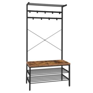large coat rack, 3-in-1entryway hall tree, shoe bench with 9 moveable hooks, stand storage shelves, stable metal frame, easy assembly, industrial, rustic brown and black