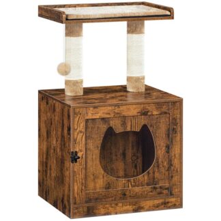 Zabudowa na kuwetę z wieżą dla kota, Meble do kuwety ukryte z uroczym wejściem, Prywatna toaleta z sizalowymi drapakami, Drzwi z głową kota i duża platforma, Rustykalny brąz