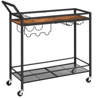 барная тележка для дома, 2-Уровень кухонная тележка с винной стойкой и стаканом, порция тележки с колесами и охраняемыми рельсами для столовой, гостиная, вечеринка, бар, деревенский коричневый и черный
