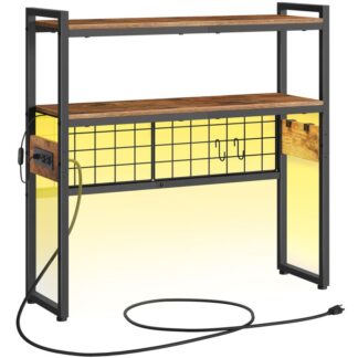 Työpöydän kirjahylly, 2-Tier Office Desktop -järjestäjä, 29.9" Puinen toimistovarastoteline pistorasioilla, Näyttöhyllyteline kevyellä nauhalla, Työpöytä toimistolle, Maalaismainen ruskea