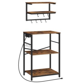 Pastel de panaderos industriales con tomas de corriente, Barra de café marrón rústico con estantes flotantes, Soporte para microondas con 11 G-gancho, Estantes de almacenamiento de cocina independientes, para la cocina, Sala de estar