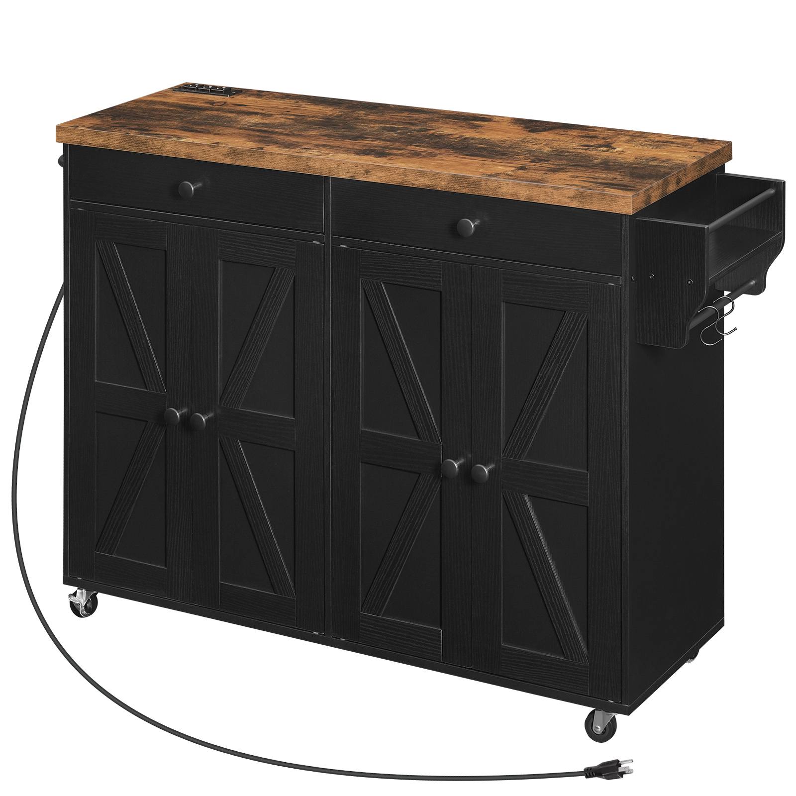 Kitchen Island with Power Outlet, 110cm Rolling Island with Storage, Kitchen Cart with Spice Rack and Hooks, for Living Room, Rustic Brown and Black