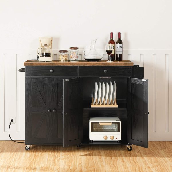 Kitchen Island with Power Outlet, 110cm Rolling Island with Storage, Kitchen Cart with Spice Rack and Hooks, for Living Room, Rustic Brown and Black