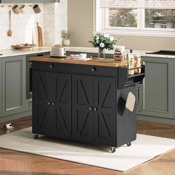 Kitchen Island with Power Outlet, 110cm Rolling Island with Storage, Kitchen Cart with Spice Rack and Hooks, for Living Room, Rustic Brown and Black