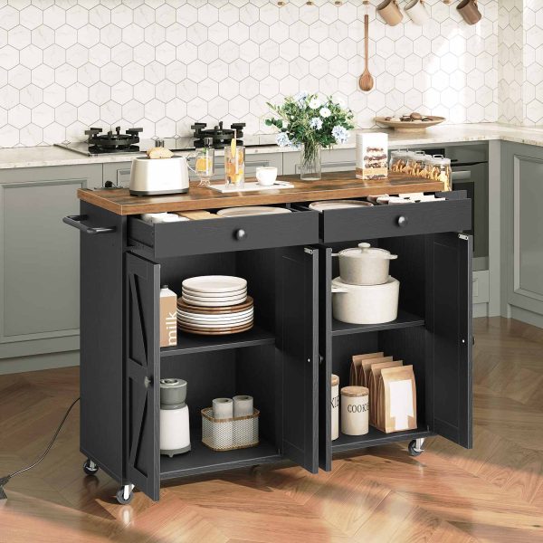 Kitchen Island with Power Outlet, 110cm Rolling Island with Storage, Kitchen Cart with Spice Rack and Hooks, for Living Room, Rustic Brown and Black