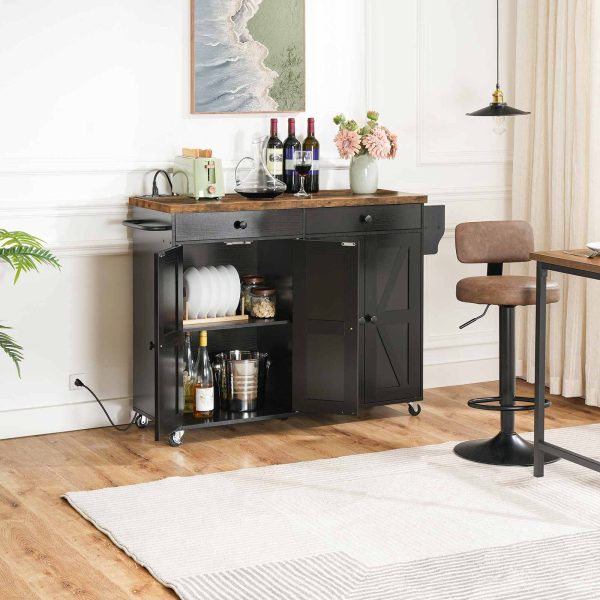 Kitchen Island with Power Outlet, 110cm Rolling Island with Storage, Kitchen Cart with Spice Rack and Hooks, for Living Room, Rustic Brown and Black