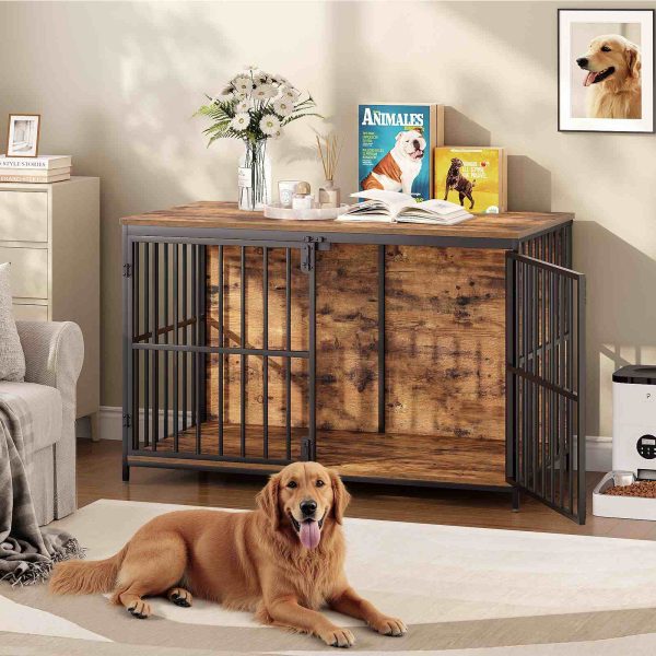 Velký psí bednu nábytek, Dřevěná vnitřní bouda pro psy, Pevná klec pro velké a středně velké psy, Dekorativní boční koncový stolek, Rustikální hnědá & Černý