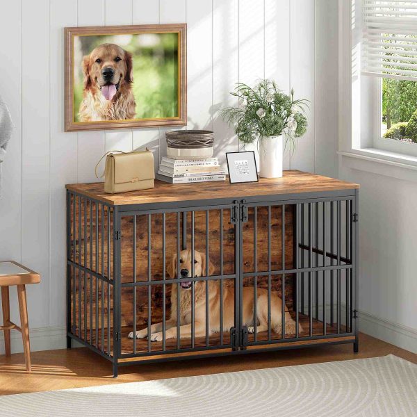 Velký psí bednu nábytek, Dřevěná vnitřní bouda pro psy, Pevná klec pro velké a středně velké psy, Dekorativní boční koncový stolek, Rustikální hnědá & Černý