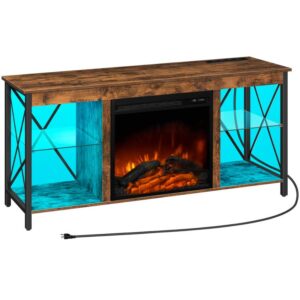 fireplace tv stand with led lights and power outlets, wooden media entertainment center console table with glass shelves, fireplace tv console for tvs up to 55", rustic brown