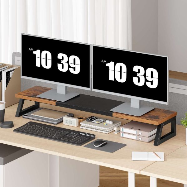 Dual Monitor Stand Riser, 39-Inch Large-Surface Monitor Elevation Shelf for 2 Monitors, Multi-Functional Desk Organizer for Office Workspace & Accessories, Rustic Brown & Black