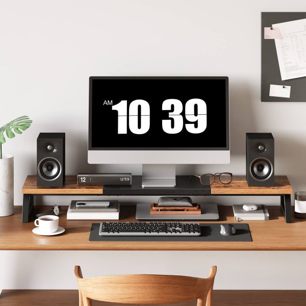 Dual Monitor Stand Riser, 39-Inch Large-Surface Monitor Elevation Shelf for 2 Monitors, Multi-Functional Desk Organizer for Office Workspace & Accessories, Rustic Brown & Black