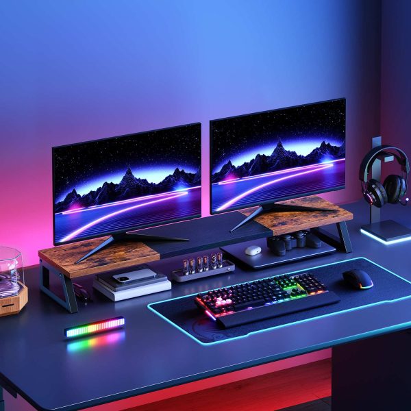 Dual Monitor Stand Riser, 39-Inch Large-Surface Monitor Elevation Shelf for 2 Monitors, Multi-Functional Desk Organizer for Office Workspace & Accessories, Rustic Brown & Black