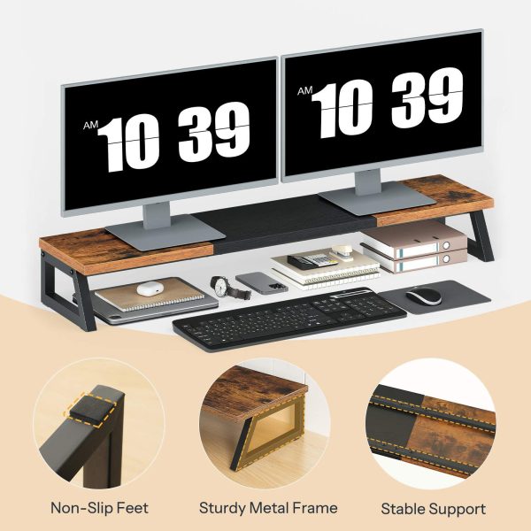 Dual Monitor Stand Riser, 39-Inch Large-Surface Monitor Elevation Shelf for 2 Monitors, Multi-Functional Desk Organizer for Office Workspace & Accessories, Rustic Brown & Black