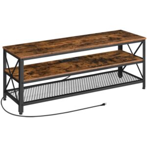 tv stand for tvs up to 60 inch with power outlets, industrial entertainment center console with open storage, 3-tier tv console table for living room, bedroom, 47 inch, rustic brown