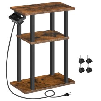 Small Narrow Side Table with Charging Station, Skinny End Table for Small Spaces, Slim Nightstand with USB Ports and Outlet, Sofa Beside Table on Wheels for Living Room