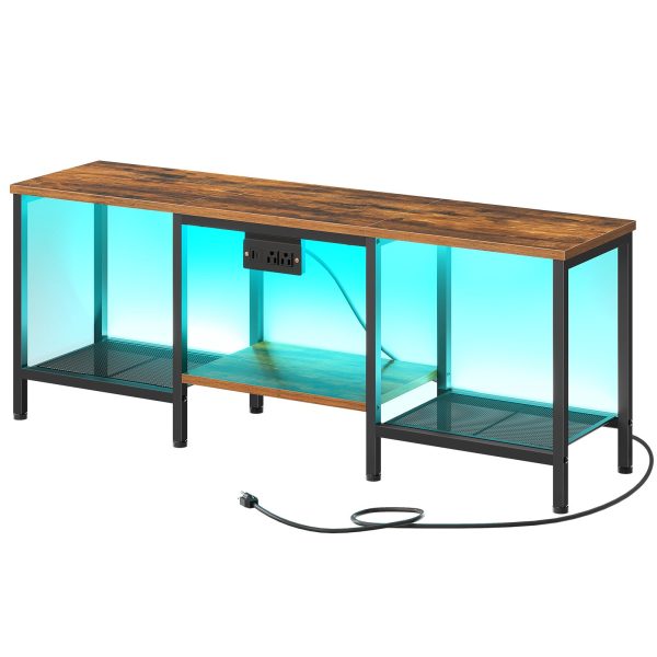 55-Inch Compatible TV Stand with Charging Station, Rustic Brown & Black LED Entertainment Center, Industrial Media Console Table with Open Storage Shelves for Living Room & Bedroom