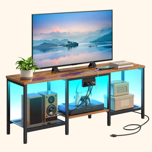 55-Inch Compatible TV Stand with Charging Station, Rustic Brown & Black LED Entertainment Center, Industrial Media Console Table with Open Storage Shelves for Living Room & Bedroom