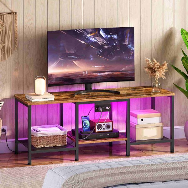 55-Inch Compatible TV Stand with Charging Station, Rustic Brown & Black LED Entertainment Center, Industrial Media Console Table with Open Storage Shelves for Living Room & Bedroom