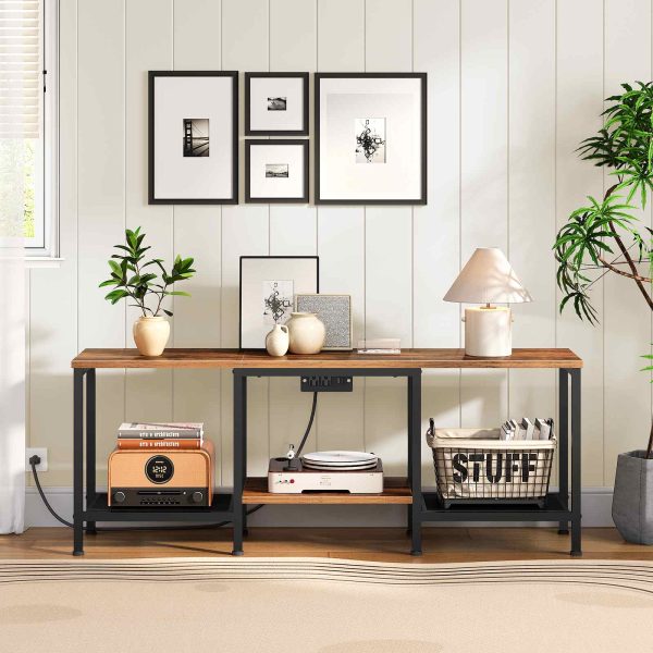 55-Inch Compatible TV Stand with Charging Station, Rustic Brown & Black LED Entertainment Center, Industrial Media Console Table with Open Storage Shelves for Living Room & Bedroom