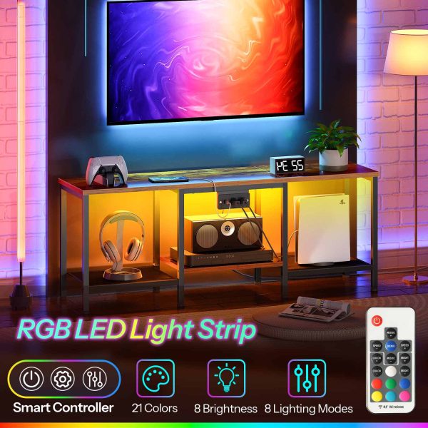 55-Inch Compatible TV Stand with Charging Station, Rustic Brown & Black LED Entertainment Center, Industrial Media Console Table with Open Storage Shelves for Living Room & Bedroom