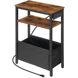 Small Narrow Side Table, Skinny End Table with Charging Station, Extra Slim Nightstand with Storage for Small Spaces, Thin End Table for Living Room, Rustic Brown and Black
