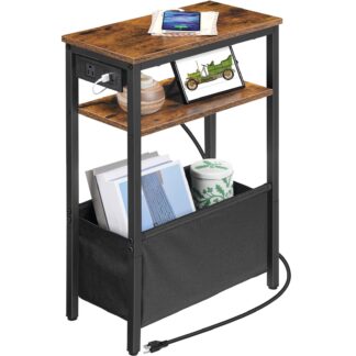 Small Narrow Side Table, Skinny End Table with Charging Station, Extra Slim Nightstand with Storage for Small Spaces, Thin End Table for Living Room, Rustic Brown and Black